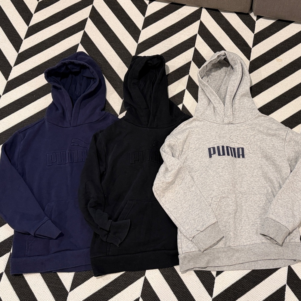 3 Puma Hoodies in Navy, Black, and Gray